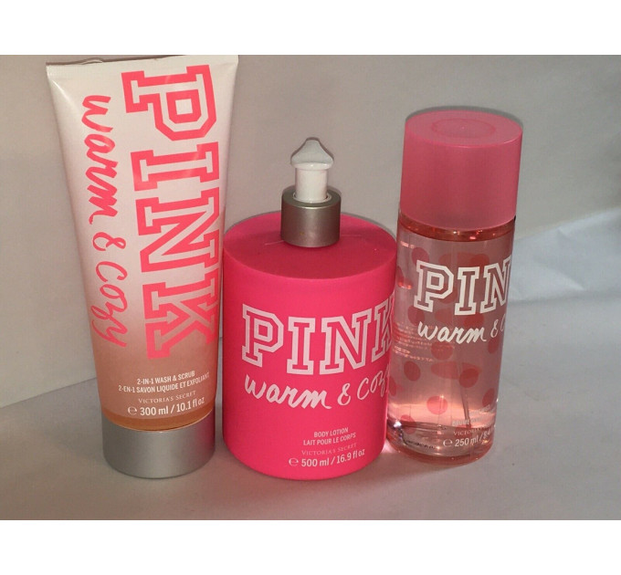 Victoria's Secret Pink Warm & Cozy Wash Scrub, Body Lotion And Fragrance Mist Набір парфюмований скраб, лосьйон і спрей для тіла 